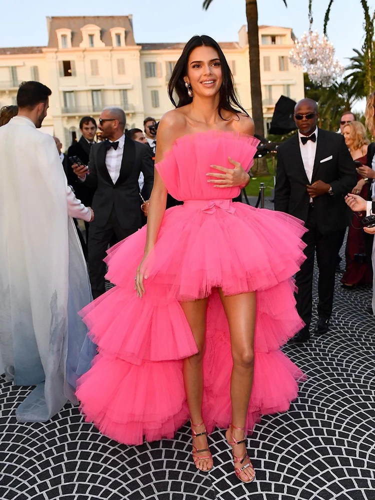 

GUXQD Rose High-Low Prom Dresses Vestidos De Festa Charming Strapless Tulle Tiered Abendkleider Princess Birthday Party Gowns