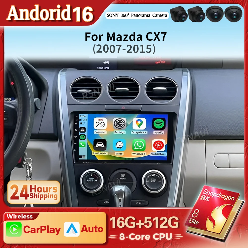 Android 16 Carplay Auto 2K QLED Screen For MAZDA CX-7 CX7 2007 2008 2009 - 2014 Car Radio Navigation Player Autoradio Snapdragon 1
