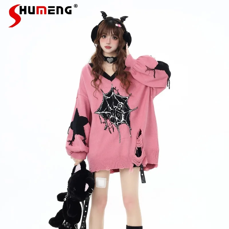

Japanese Style Dark Sweet Cool Star Autumn And Winter Loose Oversize Knitted V-neck Pullovers Sweater Women's Clothing Knitwear