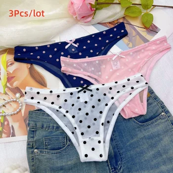 3pcs Lady's Underwear Sexy Bikini Panty Women's Polka Dot Mesh Briefs Low Rise Cut Cheeky Bow Decor Cute Underwear All-season