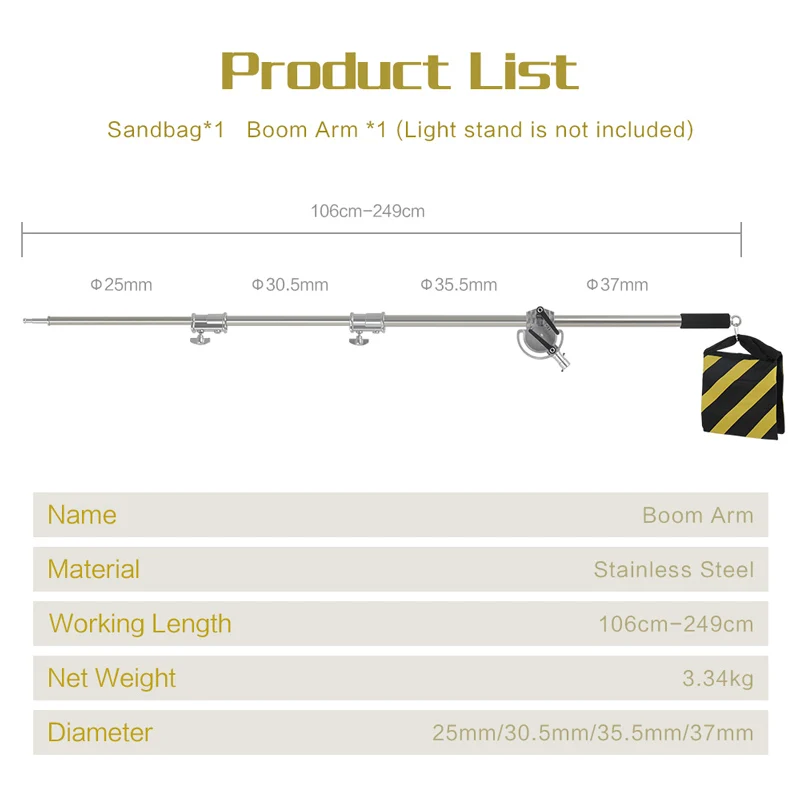 Stainless Steel Cross Arm 106cm-249cm Photo Studio Kit Light Stand With Weight Bag Photo Studio Accessories Extension Rod