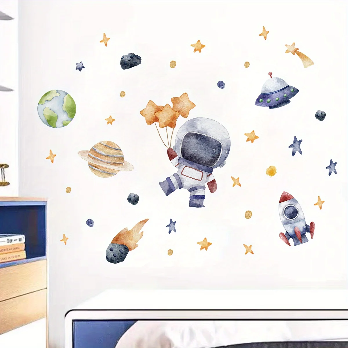 Cartoon Cute Astronaut Spaceship Rocket Planet Star Space Wall Stickers for Bedroom Living Room Nursery Decoration Wall Decal