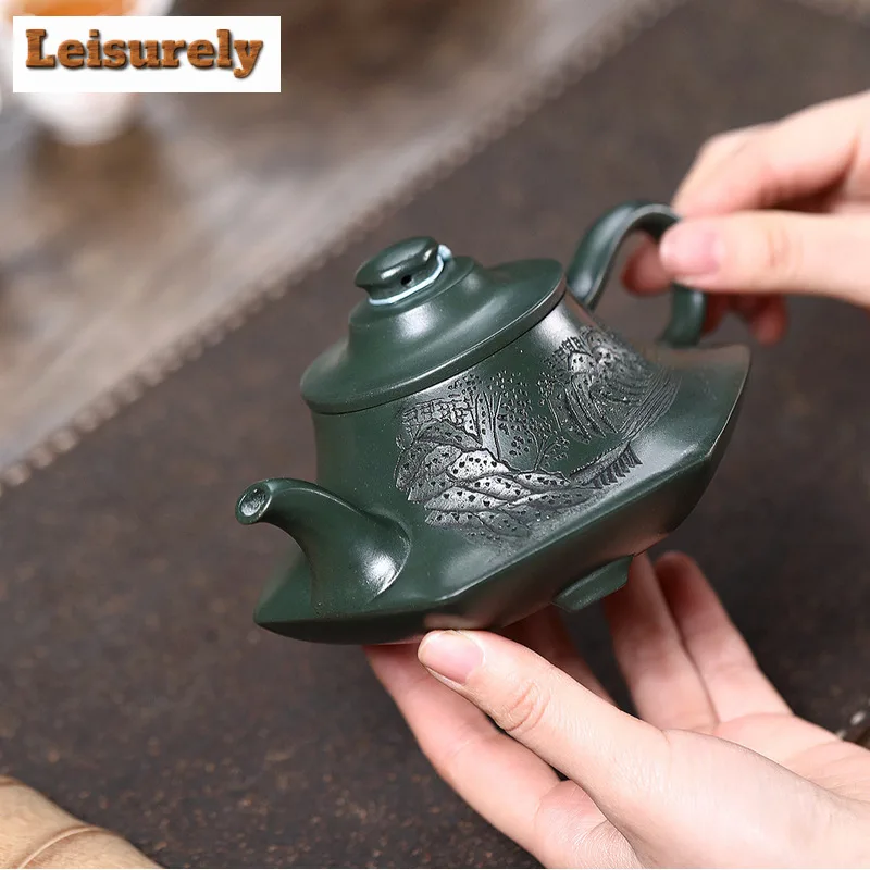 260ml Yixing Purple Clay Teapot Handmade Three-legged Cloud Furnace Pot Raw Ore Blackish Green Mud Kettle With Infuser Zisha Tea