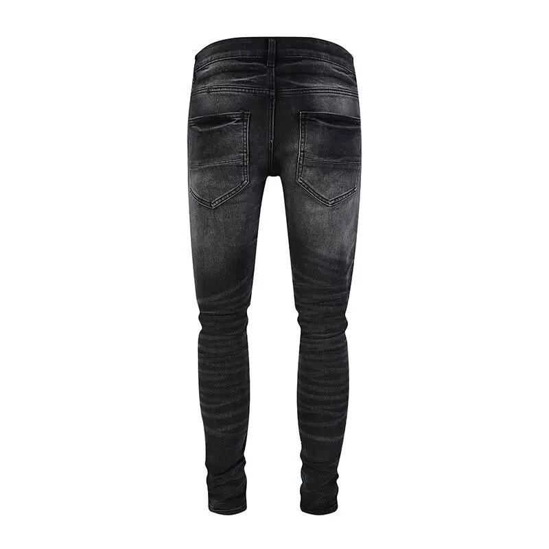 Street Fashion Men Jeans Retro Black Gray Stretch Skinny Fit Ripped Jeans Men Blue Leather Patched Designer Hip Hop Brand Pants