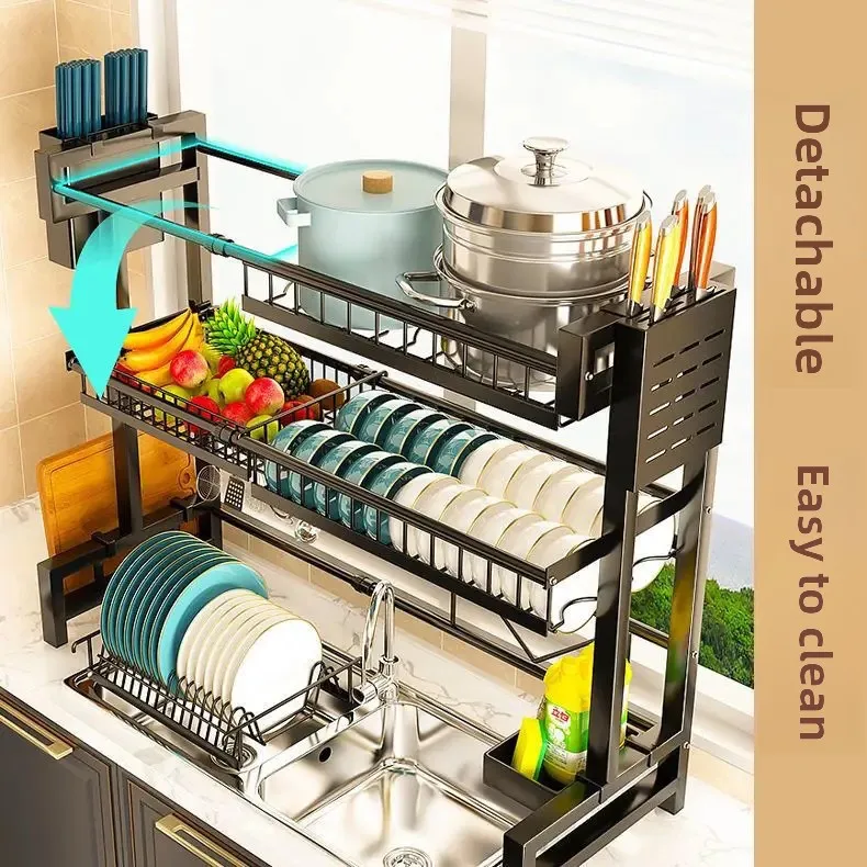 Over Sink Stretchable Storage Shelf Bowl Draining Rack Multifunctional Dish Utensil Organizer Set Adjustable Kitchen