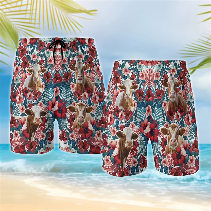 

Hawaiian Flower Cow 3D Print Short Pants For Men Clothes Funny Animal Dairy Cows Beach Shorts Casual Aloha Trunks Kids Trousers