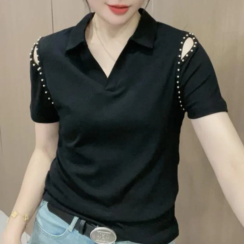 

Женская футболка с коротким рукавом, однотонная свободная футболка в Корейском стиле, с вырезами и лацканами, лето 2024