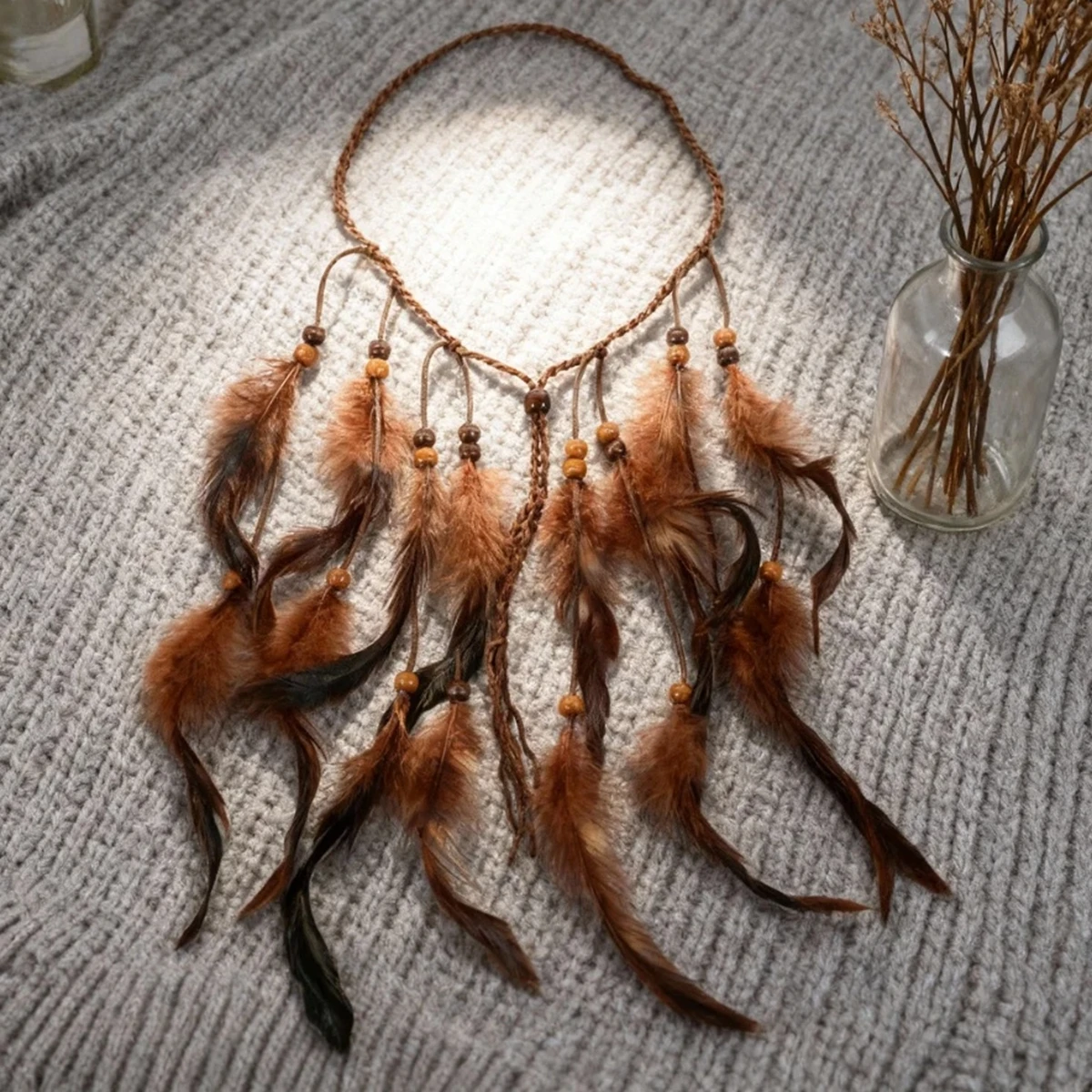 1-teiliges Vintage-Böhmisches handgewebtes Haar mit Feder-ähnlichem Quasten-Haar-Stirnband, geeignet für Damen-Haar-Accessoires, Strand – Detail 10