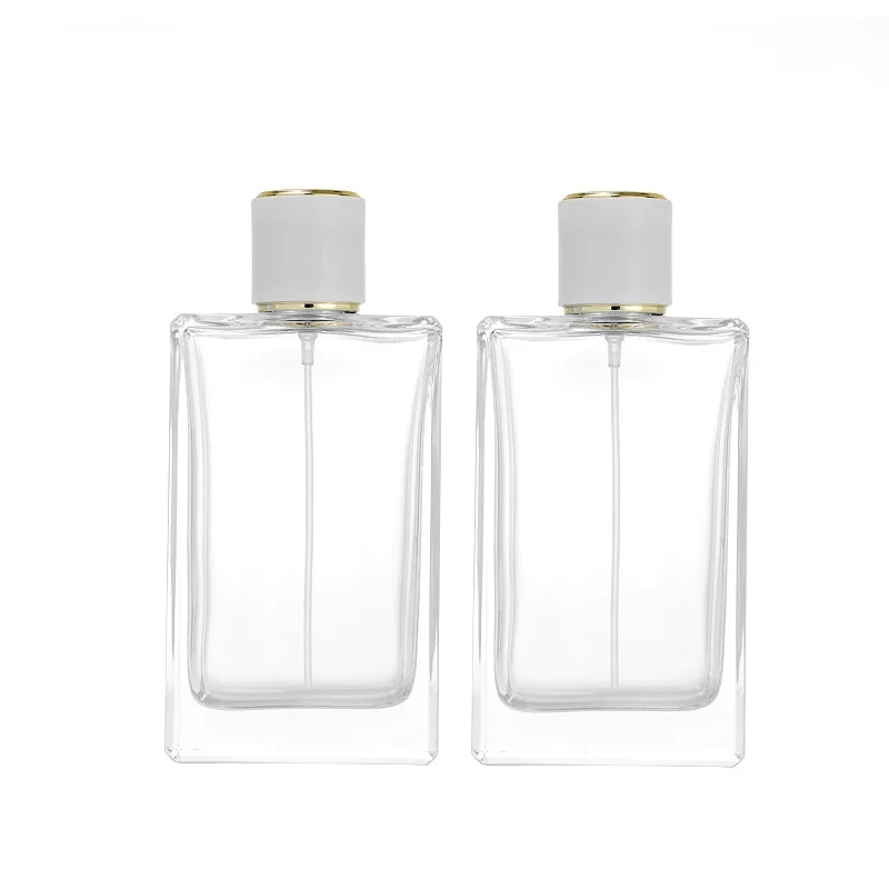 

100ml 3oz Transparent Glass Bottle Perfume Atomizer White Lid Crimp Pump Empty Flat Square Mist Spray Refillable Bottles 6pcs