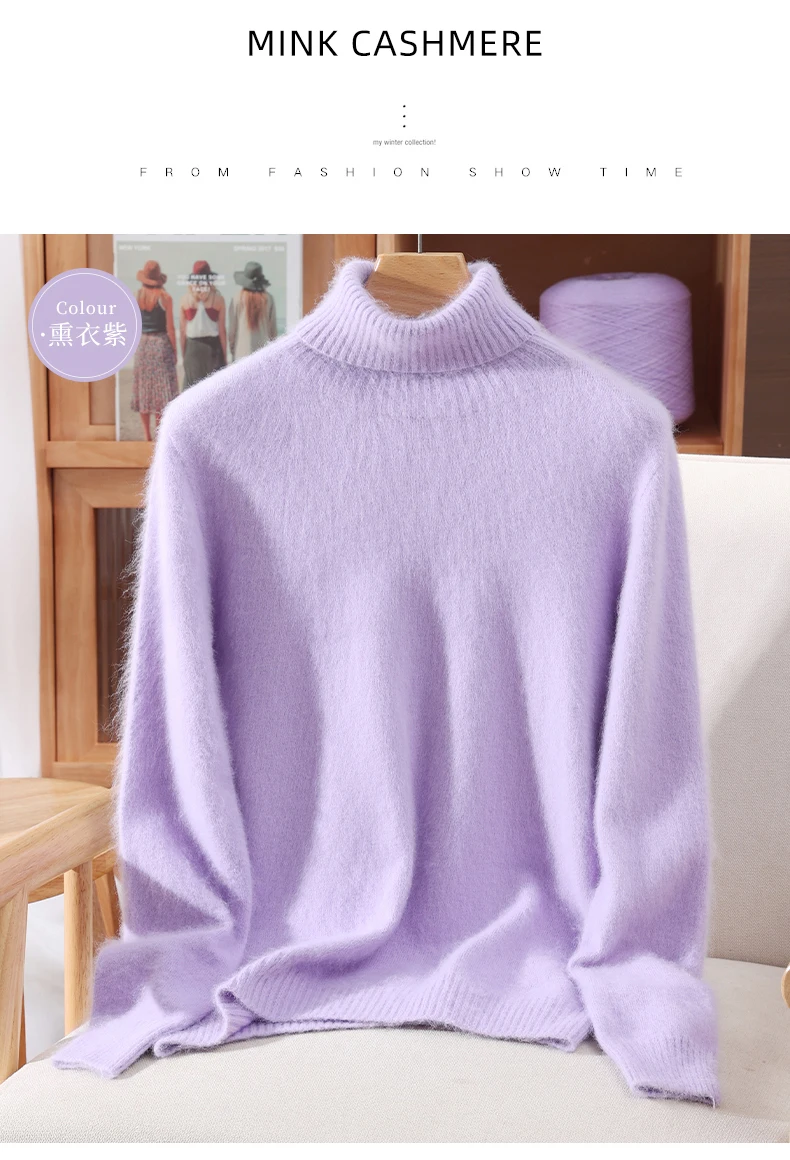 Damen-Pullover mit hohem Kragen, 100 % Nerz-Kaschmir, Herbst/Winter, lange Ärmel, Strickpullover, lockere Unterseite, modisches Basic-Oberteil, 23 Farben – Detail 28