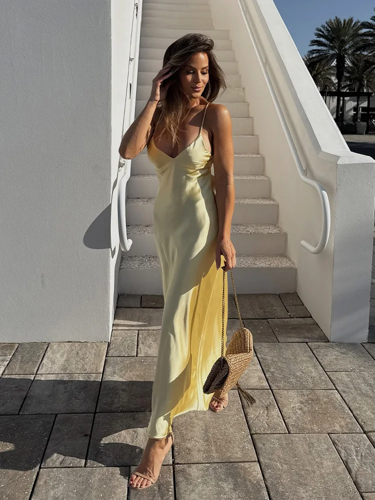 TRAFZA 2025 Summer Women V-Neck Yellow Dress Sexy Backless Women Casual Slim Stain Texture Sling Long Dress For Beach Party 6