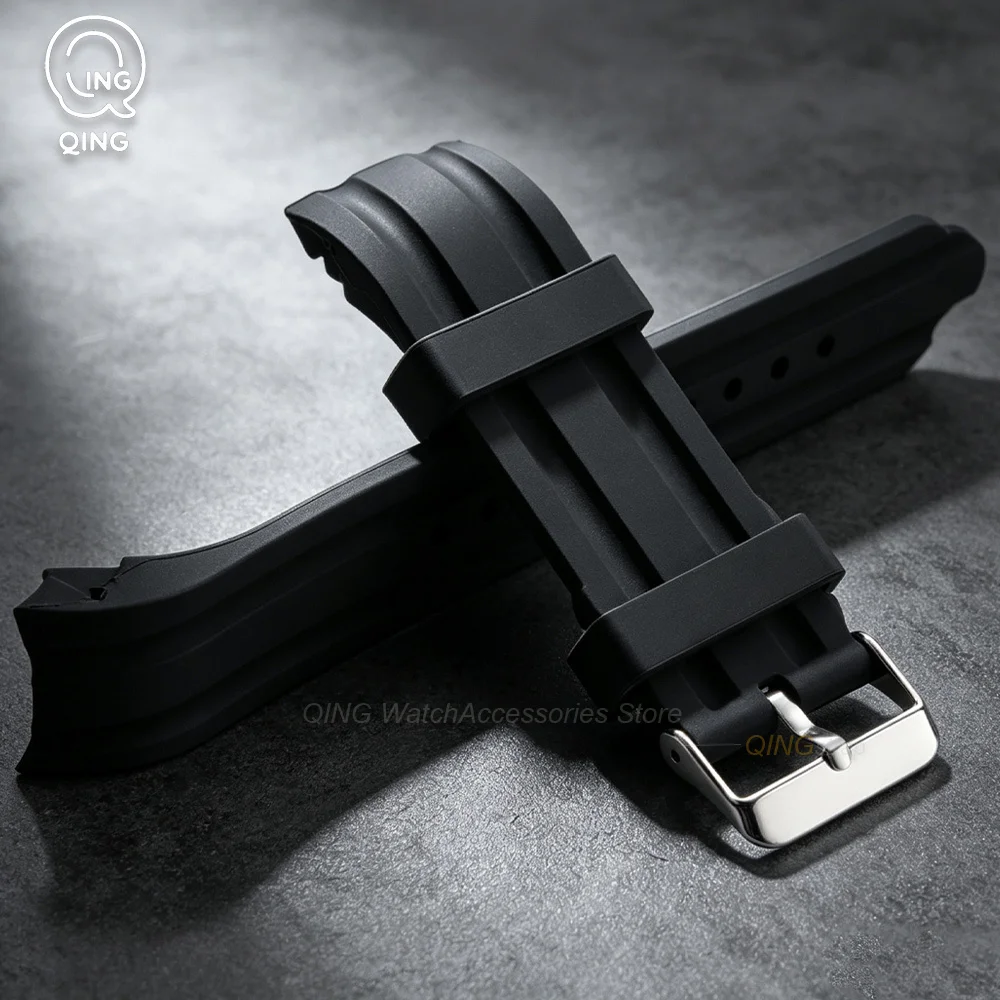 Curved End Silicone Sport Watch Band - Thick Waterproof Rubber Strap