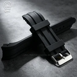 Curved End Silicone Sport Watch Band - Thick Waterproof Rubber Strap - 24mm (Black)