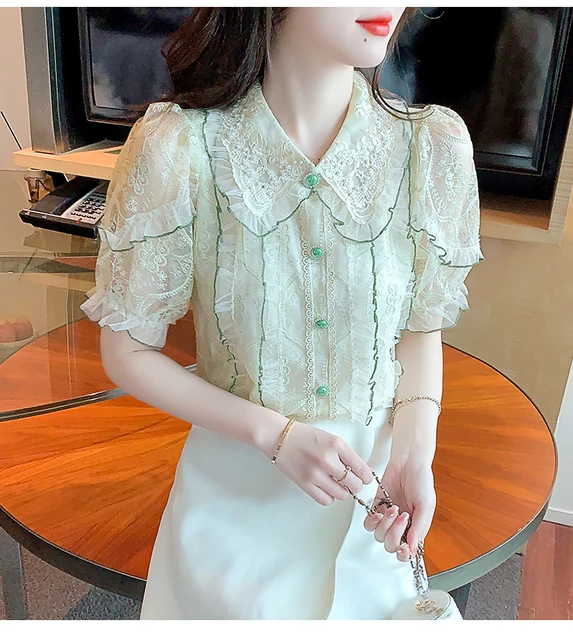 H Han Queen Summer Simple Office Lady Blouse Female Shirt Lace Tops  Embroidery Crochet Casual Korean Style Loose Blouses Women - Women Blouse -  AliExpress