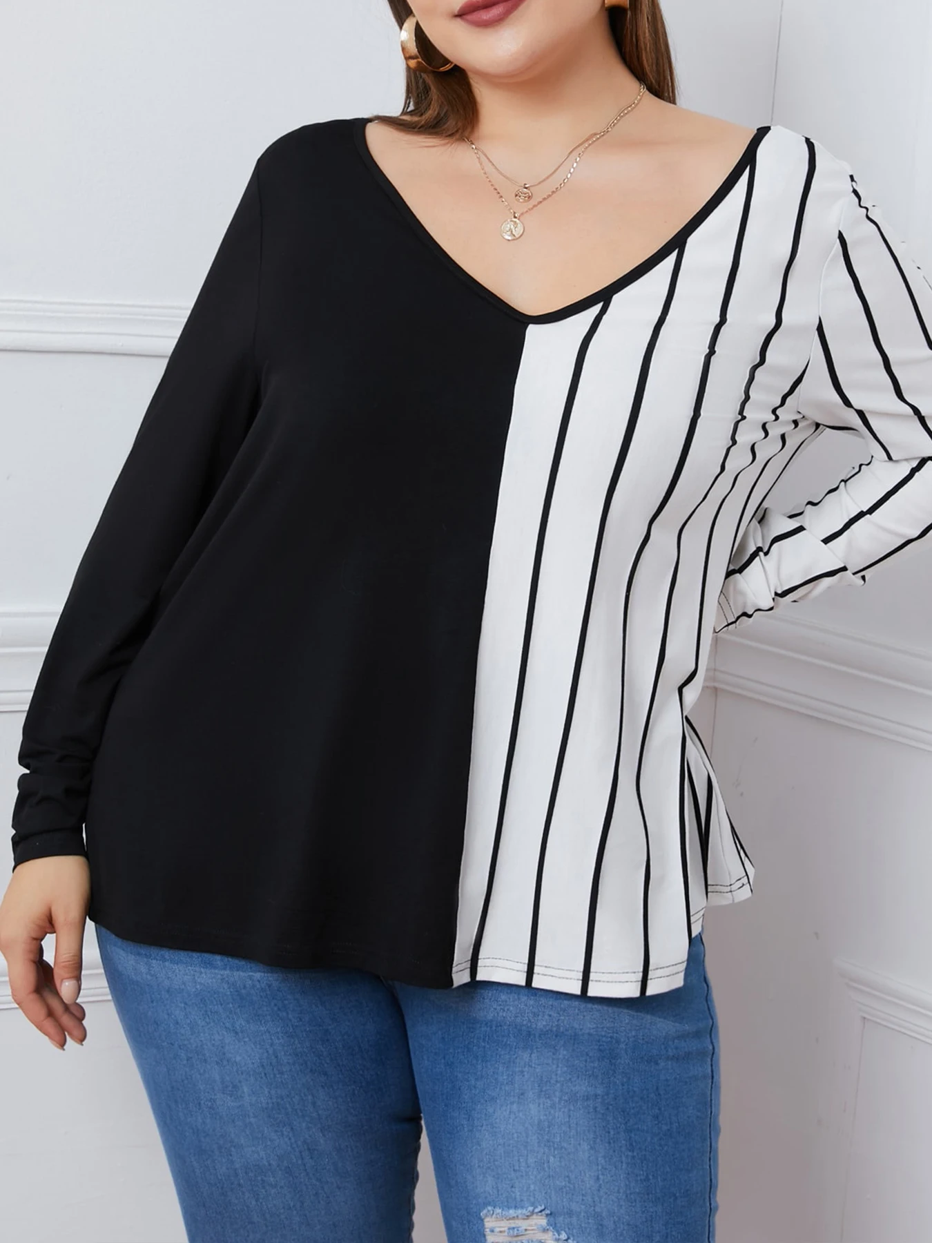 

Finjani Women's Plus Size Elegant T shirt,Women's Plus Colorblock Striped Print Long Sleeve V Neck Slight Stretch Top