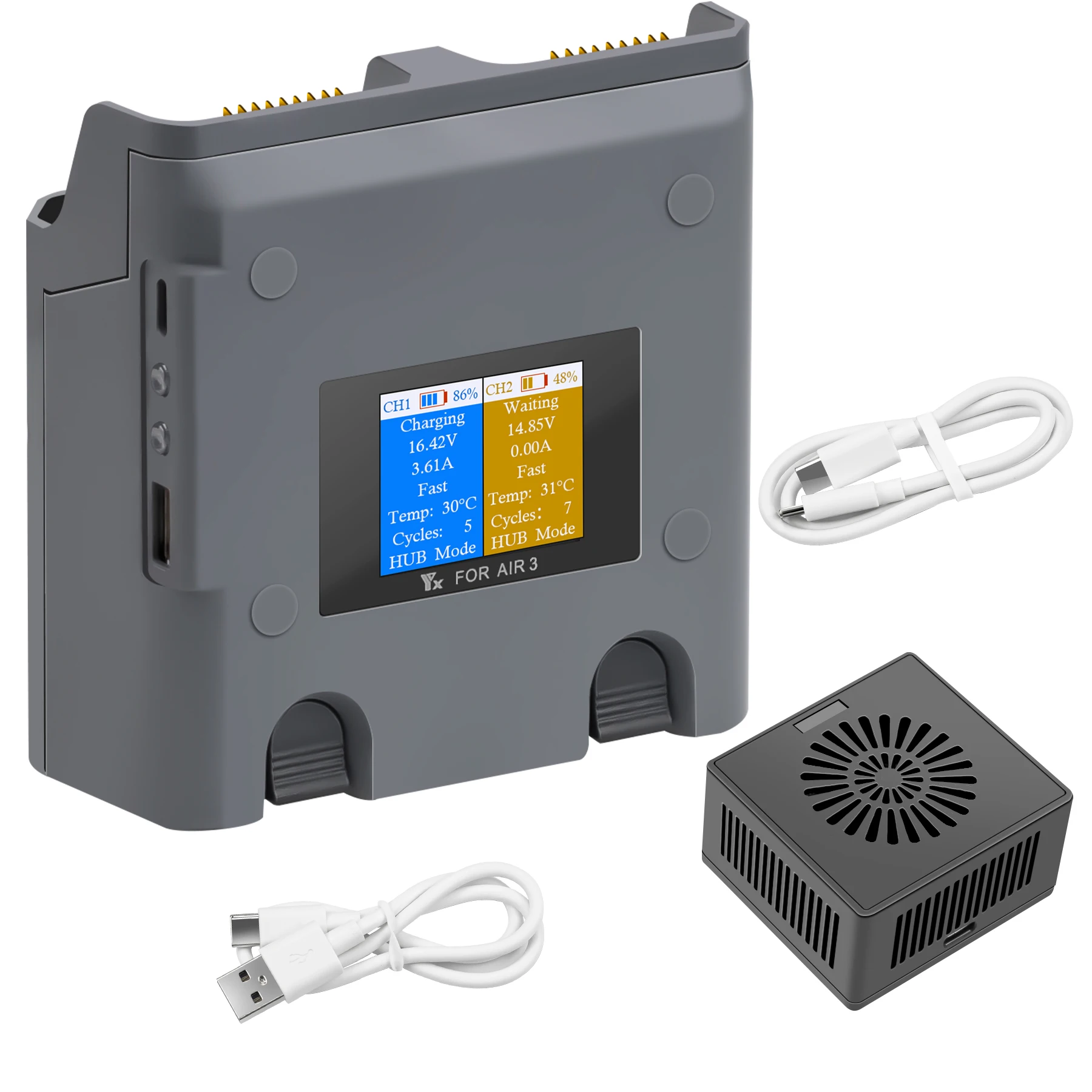 Chargeur intelligent pour batterie DJI AIR 3 et AIR 3S avec écran LED affichant le niveau de charge