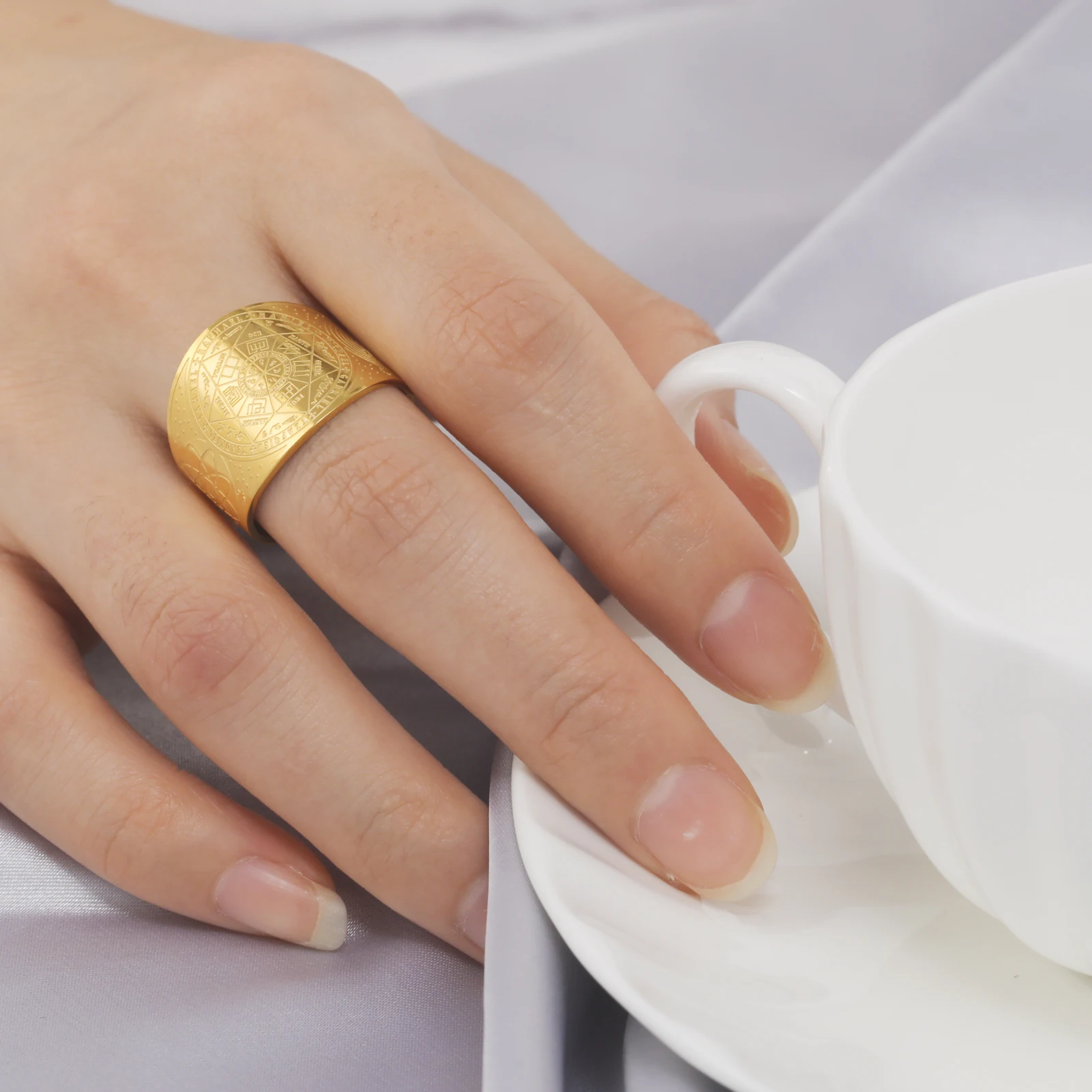 Kkjoy Edelstahl Goldfarben Kupfer Antike Bronze Sechseckiger Stern Magischer Kreis Mond Offener Ring für Männer Party Geschenk Einzelhandel – Detail 23