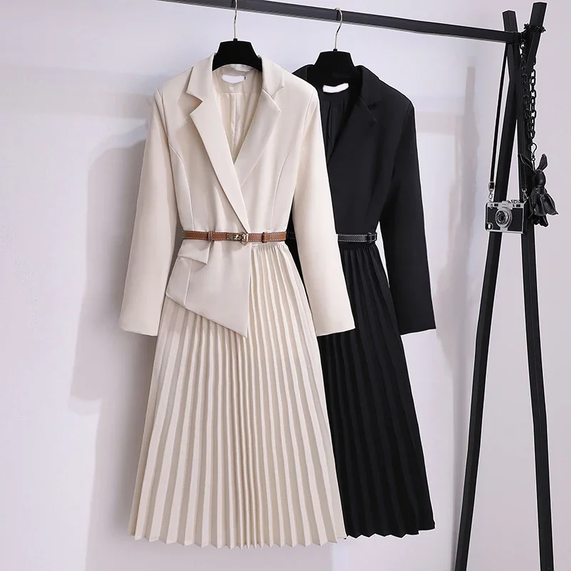 

Spring Autumn Office Ladies Pleated Dress 2023 New Elegant French Women Notched Collar Patchwork Chiffon OL Midi Vestidos