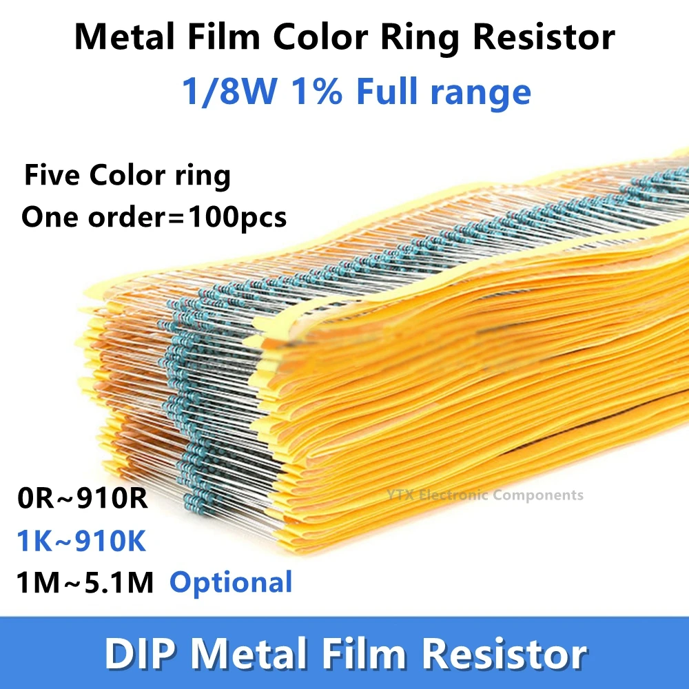 Metal Film Resistors 100PCS 1/8W 1% 1K 10K 1M 0.1R 0.12R 68R 75 82 91 100 150R 200 220 240 270R 300 330R 470 &Omega; OHM DIP Metal Film Color Ring Resistor