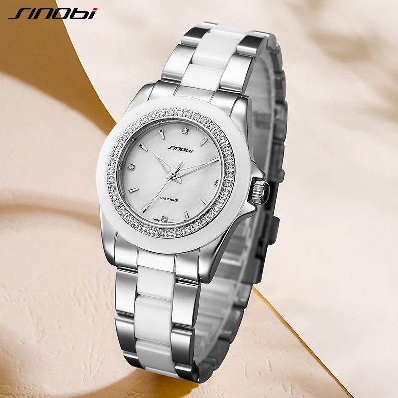 SINOBI High-quality Ceramic Woman's Watch Original Design Diamond Ladies Quartz Wristwatches Fashion Top Luxury Women's Clcok