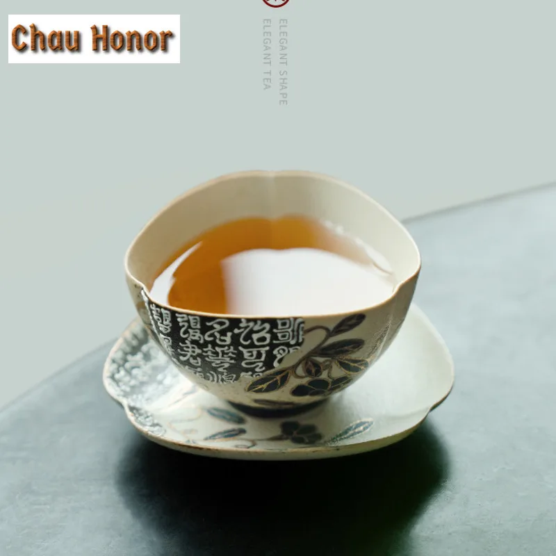 Boutique Blue And White Flint Red Gaiwan Handmade Gold Drawing Entwined Lotus Covered Bowl Tea Making Tea Bowl Kung Fu Teaset