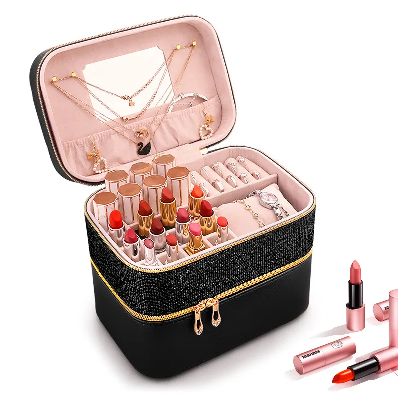 2023 Multifunctional Cosmetic Storage Box Dustproof Jewelry  Mirror Suitcase Lipstick Storage Box Portable Travel Makeup Bag