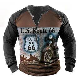Men's Summer Route 66 Pattern Printing Long Sleeve V-Neck Button Shirt Fashion Casual Oversized S-5XL Clothing Top