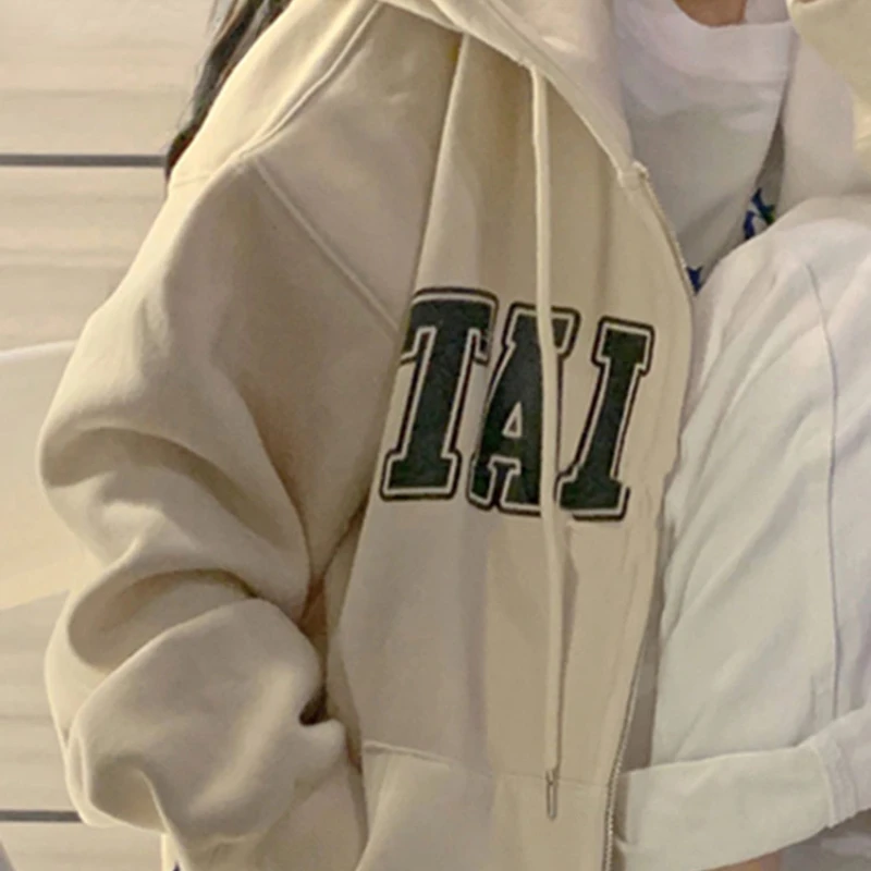 

Loose Letter Spell Color Simple Hoodies Basic Office Lady Spell Color Zip-up O-neck Casual Streetwear Winter Women Hoodie