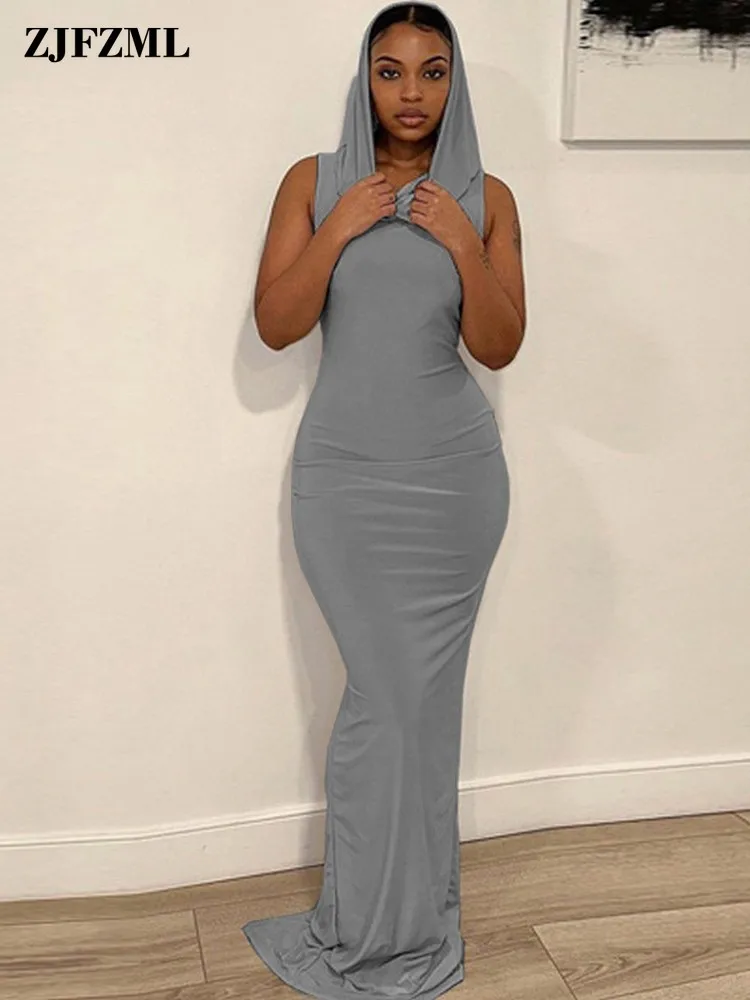 

Sexy Hooded Collar Sleeveless Maxi Dress Women Hot Attractive High Waist Body-shaping Vestidos Summer Sunscreen Clubwear
