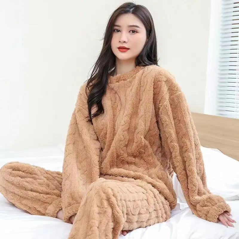 2024 New Coral Velvet Pajamas Women's Autumn Winter Loungewear Fleece-Lined Padded Extra Thick Velvet Homewear Two-Piece Suit