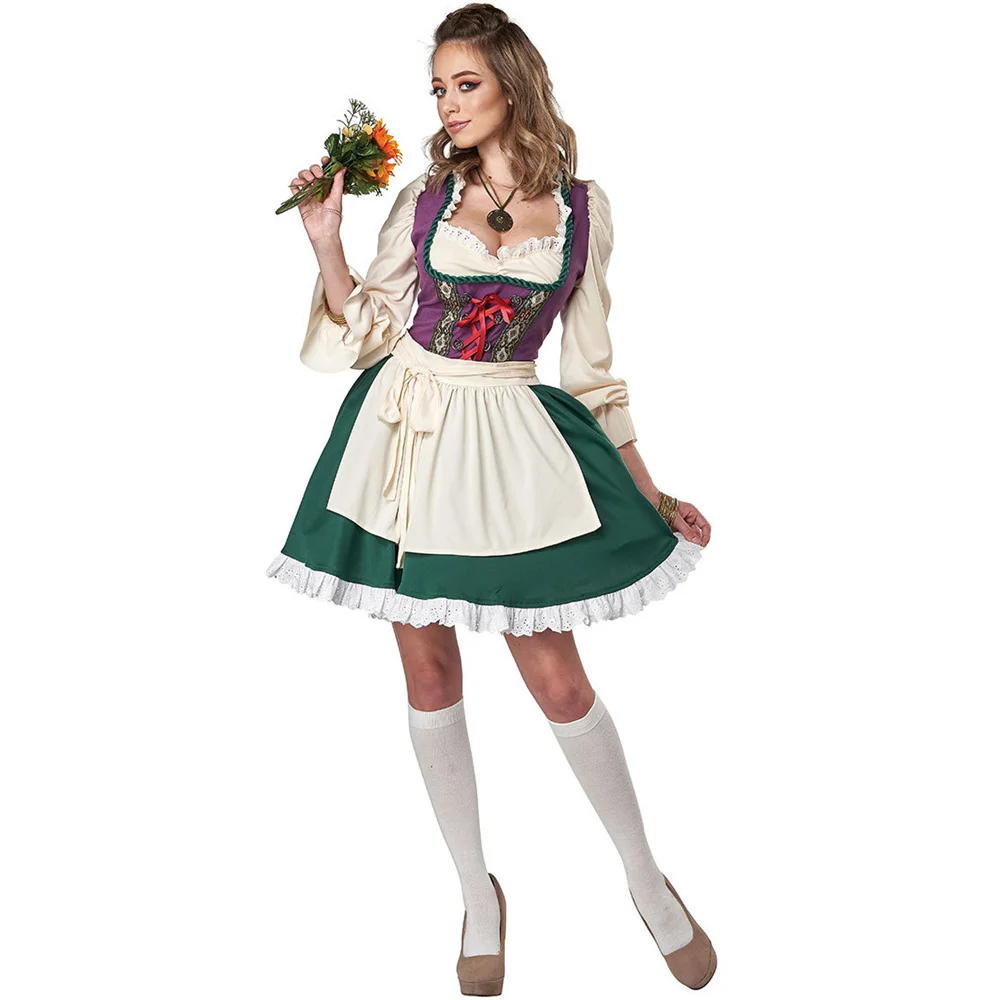 

Women German Oktoberfest Costume Long Sleeved Dirndl Dress Bavarian Beer Wench Maid Cosplay Halloween Fancy Party Costume