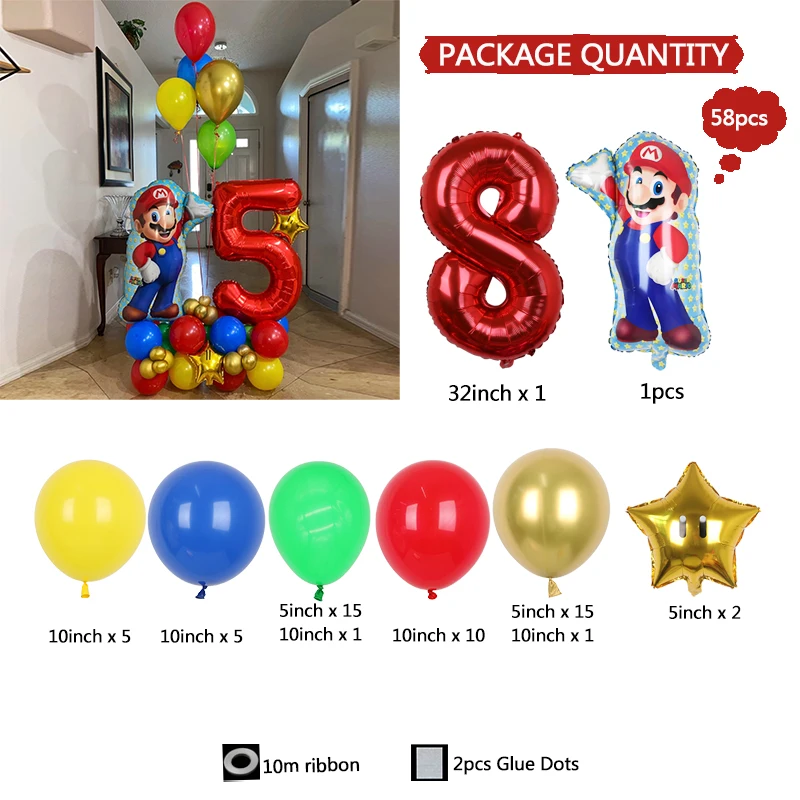 thumbnail image 1 of Kit de arco de guirnalda de globos con temática de Super Brothers Mario, 143 piezas, globos de látex rojos, amarillos y azules, suministros de decoración para fiesta de cumpleaños infantil, 1 of 5