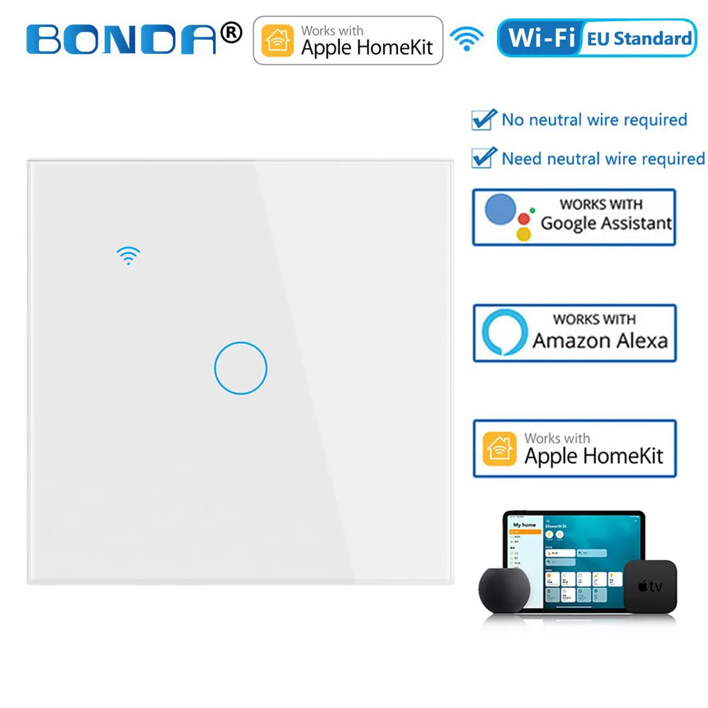 אפל Homekit חכם מתג לא ניטרלי האיחוד האירופי/ארה"ב WIFI מגע חיישן אור מתג קיר חכם בית 1/2 /3 כנופיית Siri קול שליטה 2022