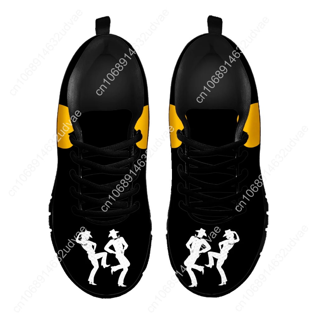 Yellow And Black Color Contrast Design Line Dance Sneakers Comfortable Breathable Shoes Knitted Shoes Zapatos Planos