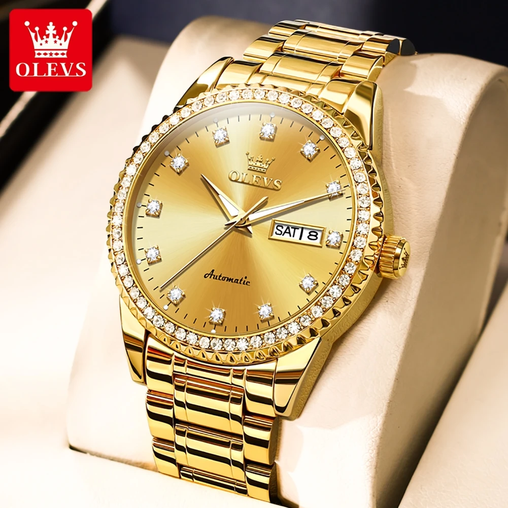 OLEVS New Fashion Gold Mechanical Watch for Men Luxury Stainless Steel Strap Waterproof Luminous Week Date Business Mens Watches