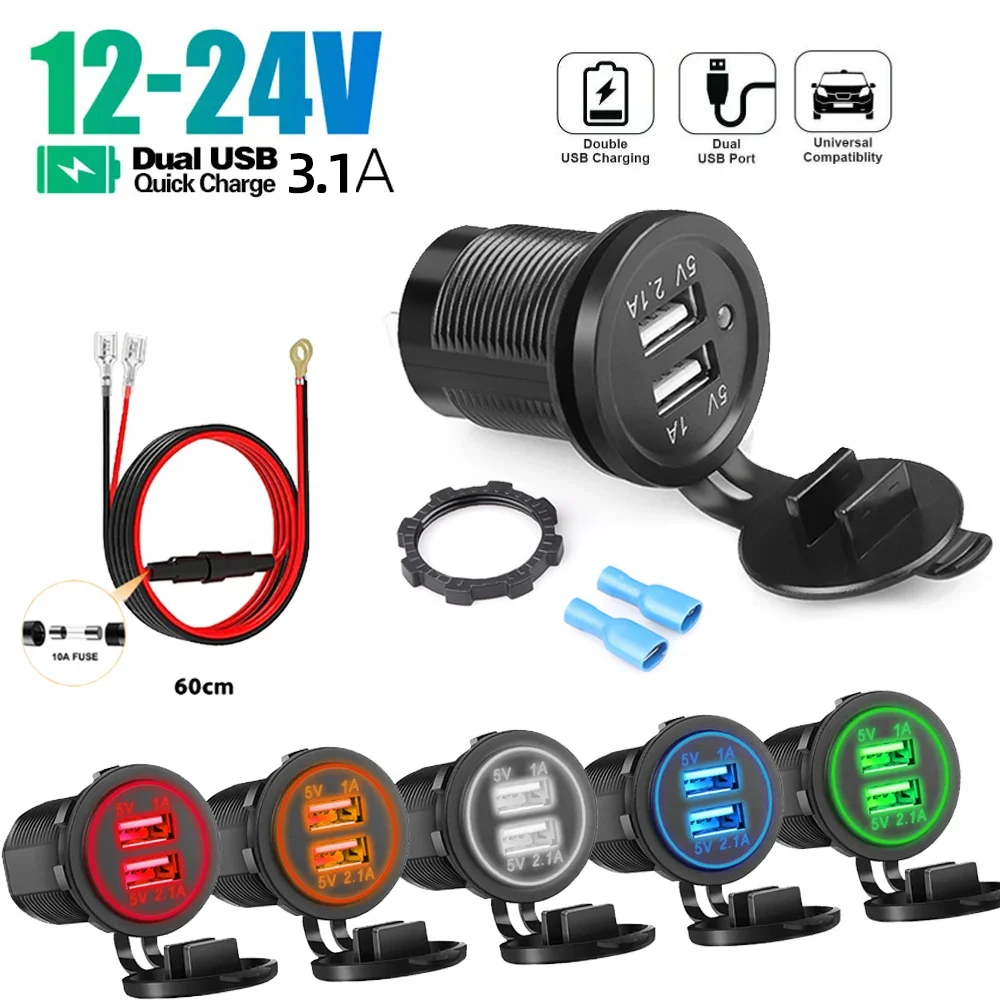 Dual USB Car Charger 5V 3.1A 12V for Vehicle Boat Truck Motorcycle