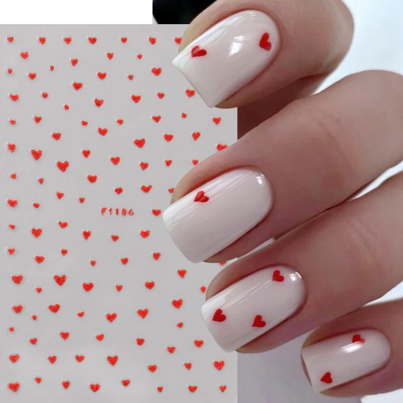 반짝이는 발렌타인 네일 스티커 혼합 레드 핑크 러브 하트 접착 데칼 귀여운 미니 하트 슬라이더 매니큐어 장식 액세서리