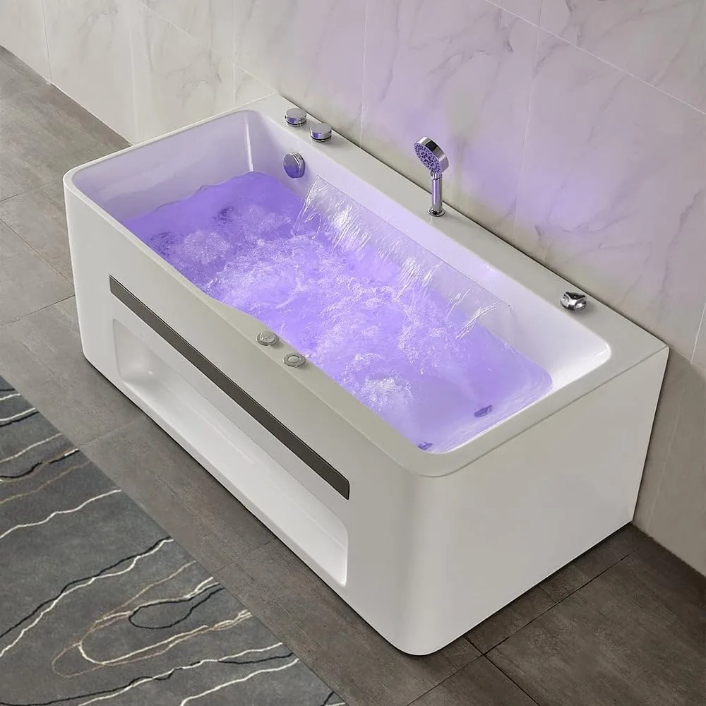 59'' Modern Acrylic Alcove Whirlpool Bathtub, Rectangular Water Massage Bathtub LED Soaking Tub with Bathtub Filler Faucet 6