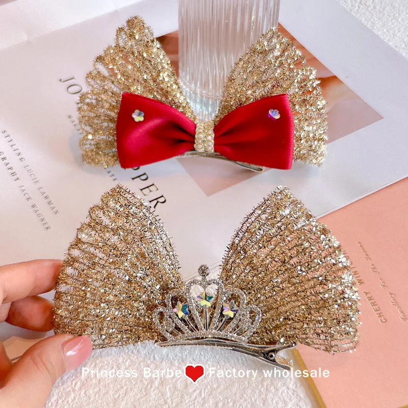 New Gold Wire Mesh Large Bow Children Hair Clip Princess Crown Girl's Hair Clip Baby Hair