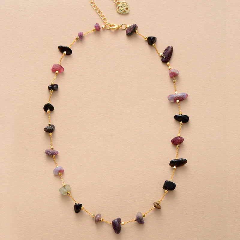 Women Necklace Luxe Simple Women Tourmaline Gold Plated Chain Lariat Chokers Necklace Designer Healing Crystal Beads Jewelry Femme Bijoux