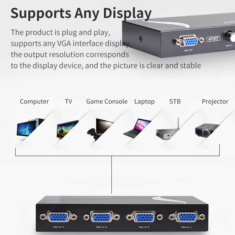 4X1 VGA Switch Splitter VGA Cable Adapter 2K HD Video Display 4 in 1 Out Port Hub for Laptop Projector PS4 TV Monitor Switch vga cable adapter vga cable vga kvm switch vga extender splitter
