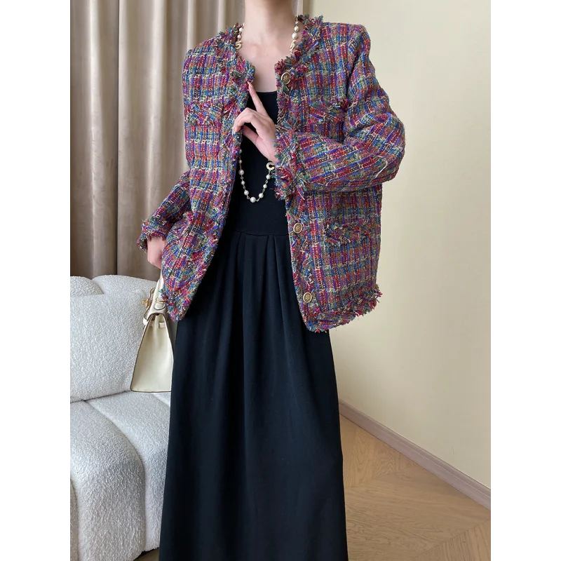 Women French Red Plaid Tweed Coat High Quality Vintage Korean Fashion Tassels Loose Casual Elegant Office Small Fragrance Jacket