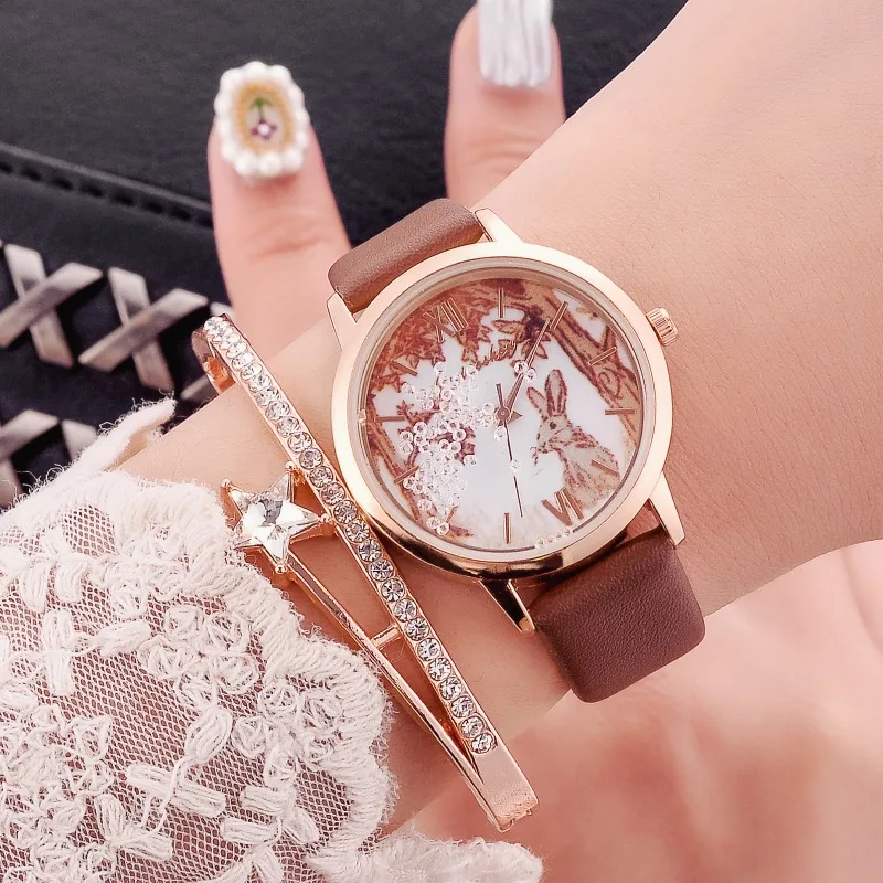 

Luxury Rhinestones Women Watches Fashion Rabbit Pattern Dial Design Ladies Wristwatches Qualities Female Quartz Leather Watch