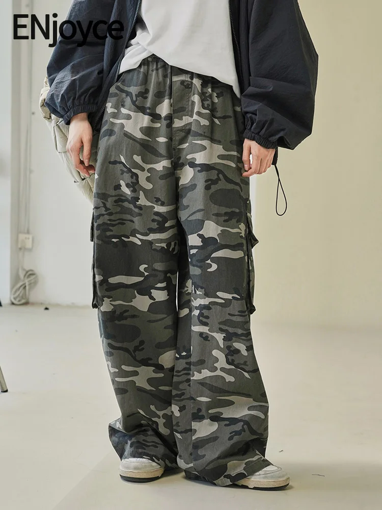 

ENjoyce Women Camouflage Straight Pants Y2K Streetwear American Hip-hop High Waist Loose Wide Leg Cargo Trousers 2024 Spring