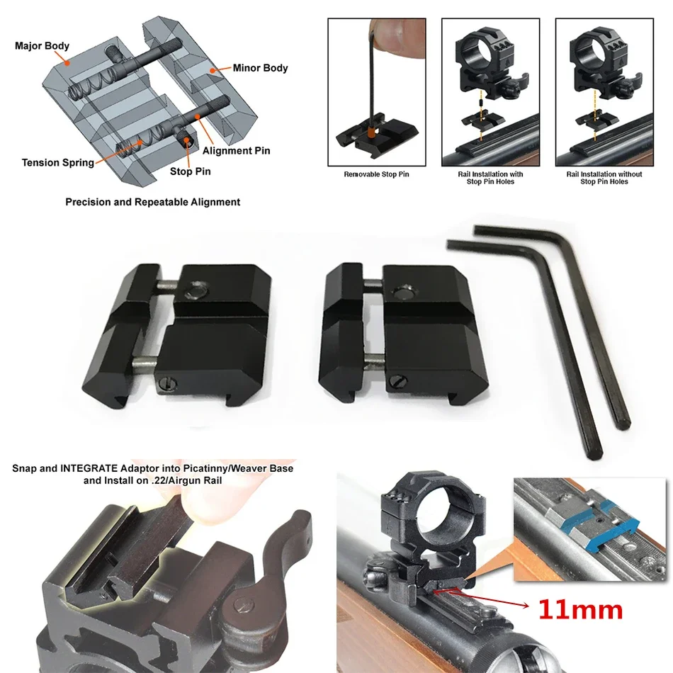 Scope Mount Adapter Rail Adapter Threaded Adapter Aluminum Alloy Lightweight Portable 11mm to 20mm Snap-in Adaptor Dovetail Picatinny Weaver Adapter 2pcs For Scope Mount