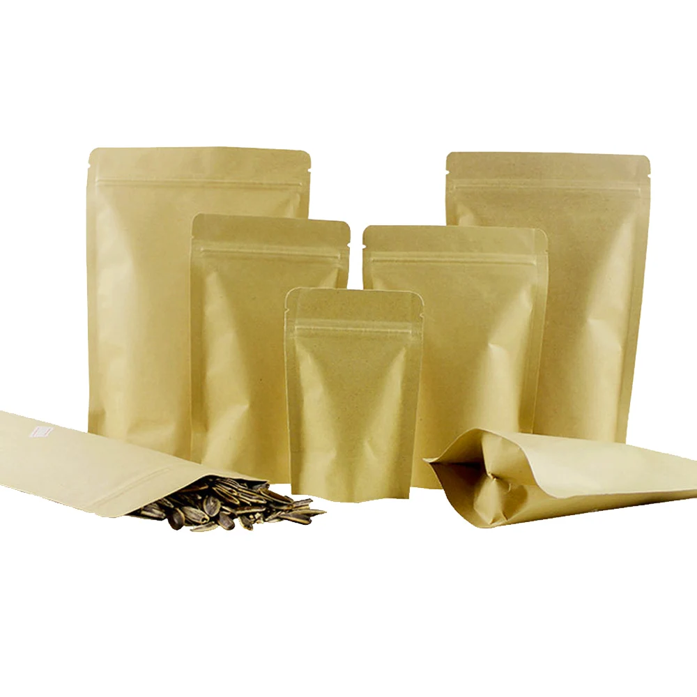 

500Pcs Brown Kraft Paper Zip Lock Mylar Foil Stand Up Bag Tear Notch Reclosable Reusable Food Snack Tea Candy Chocolate Pouches