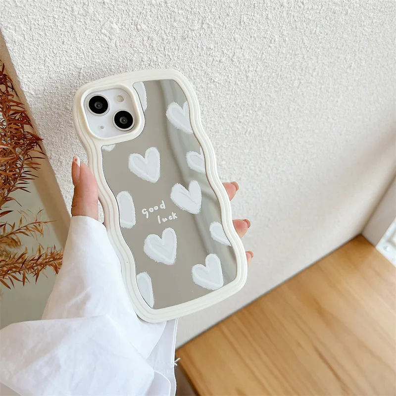 Korean White Heart Makeup Mirror Cute Phone Cases For iPhone 14 Pro Max 13  11 12 14 Plus XS X XR