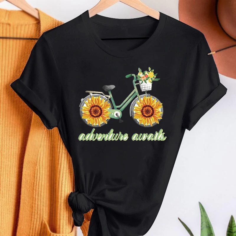 

Summer T Shirt Women Cute sunflower bike Print T-Shirt for Lady Kawaii O Neck Short Sleeve Oversized Tops Tee Female Tshirts