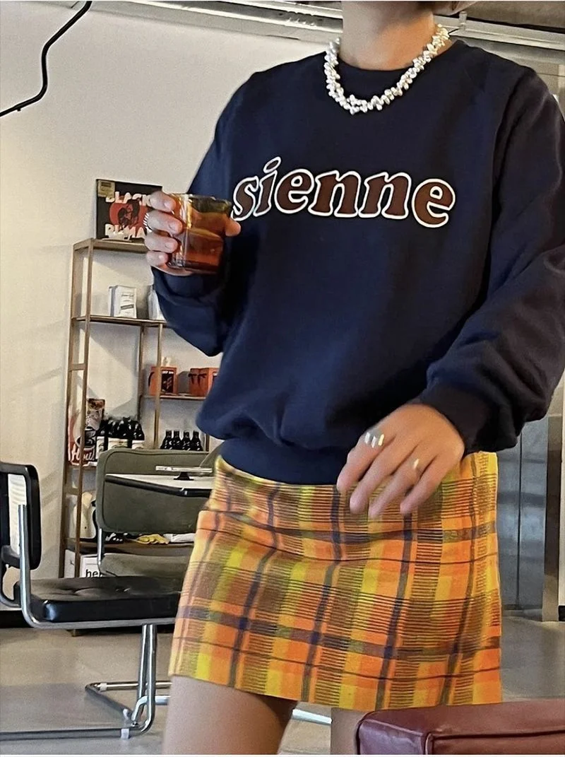 Dongdaemun Sienne Embroidered Letter American Retro Overhead round Ne Fce Sweatirt Women's Top Cotton 00%