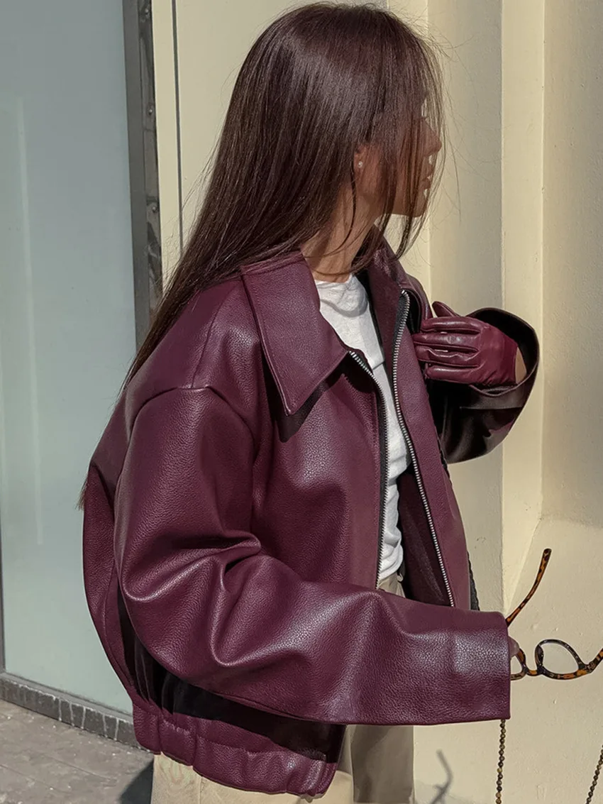 Angola Red Jacket Leather Motorcycle Street Fashion 2024 Autumn and Winter New Top Women's Elegant Coat